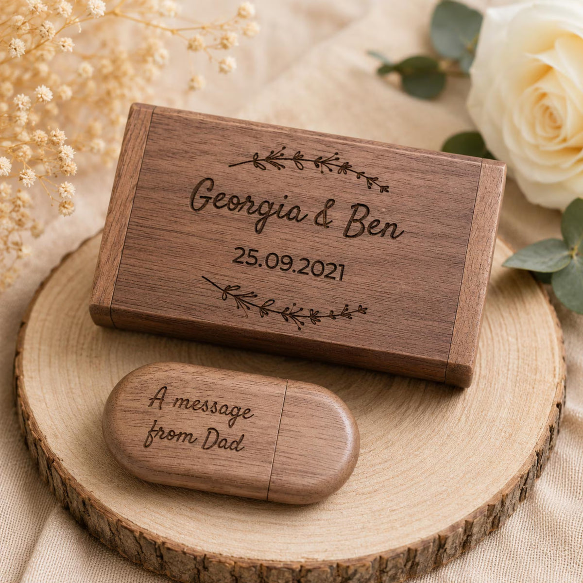 Personalised Oval Wooden USB Box Set