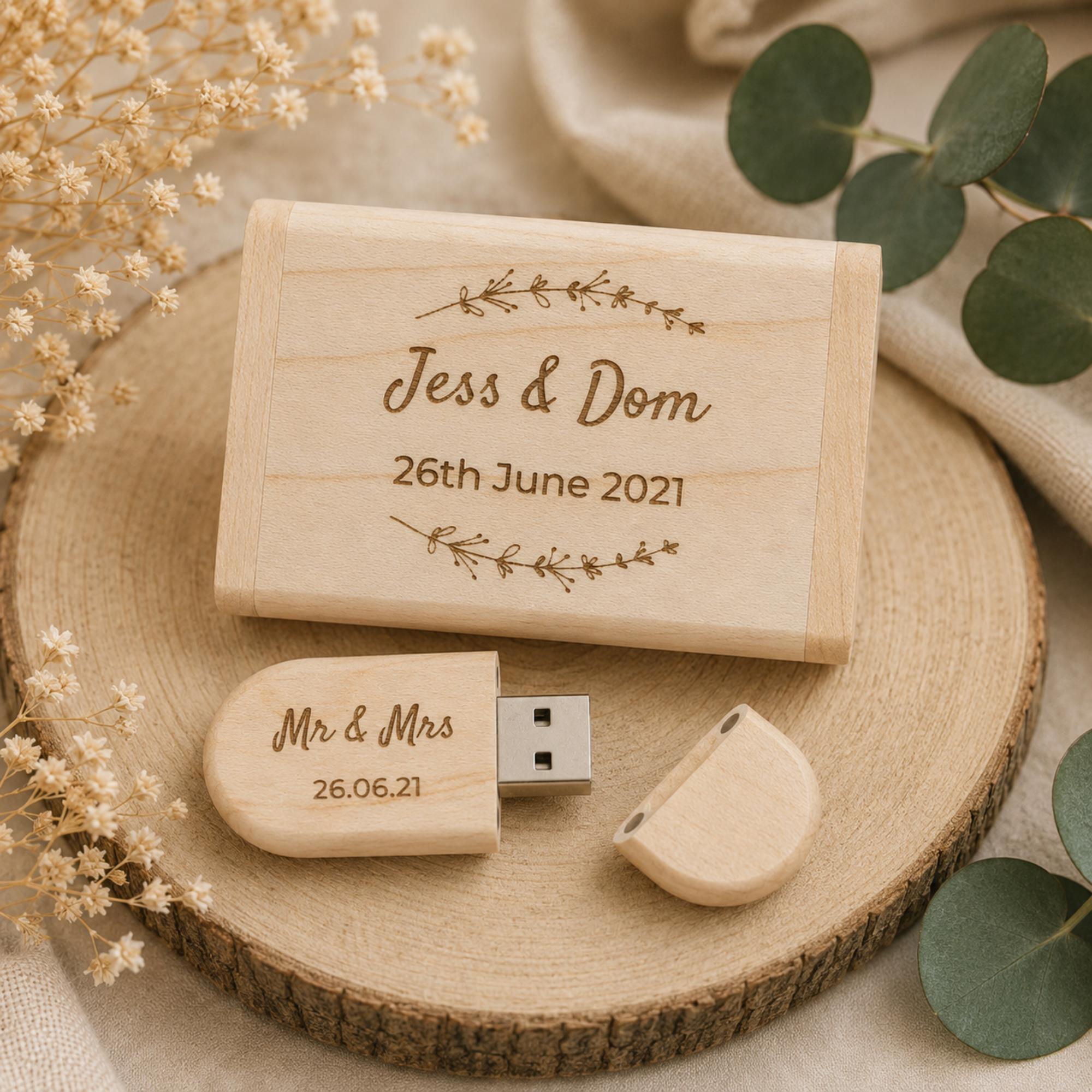 Personalised Oval Wooden USB Box Set