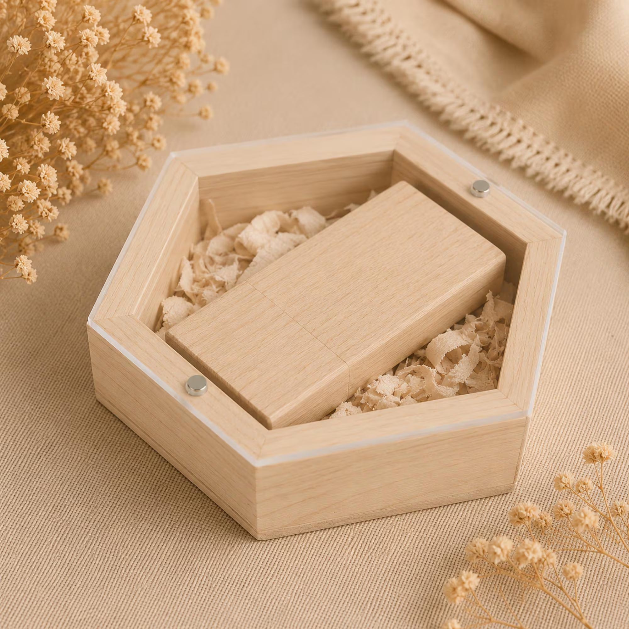 Personalised Wooden USB Hexagon Box with Engraved Acrylic Lid