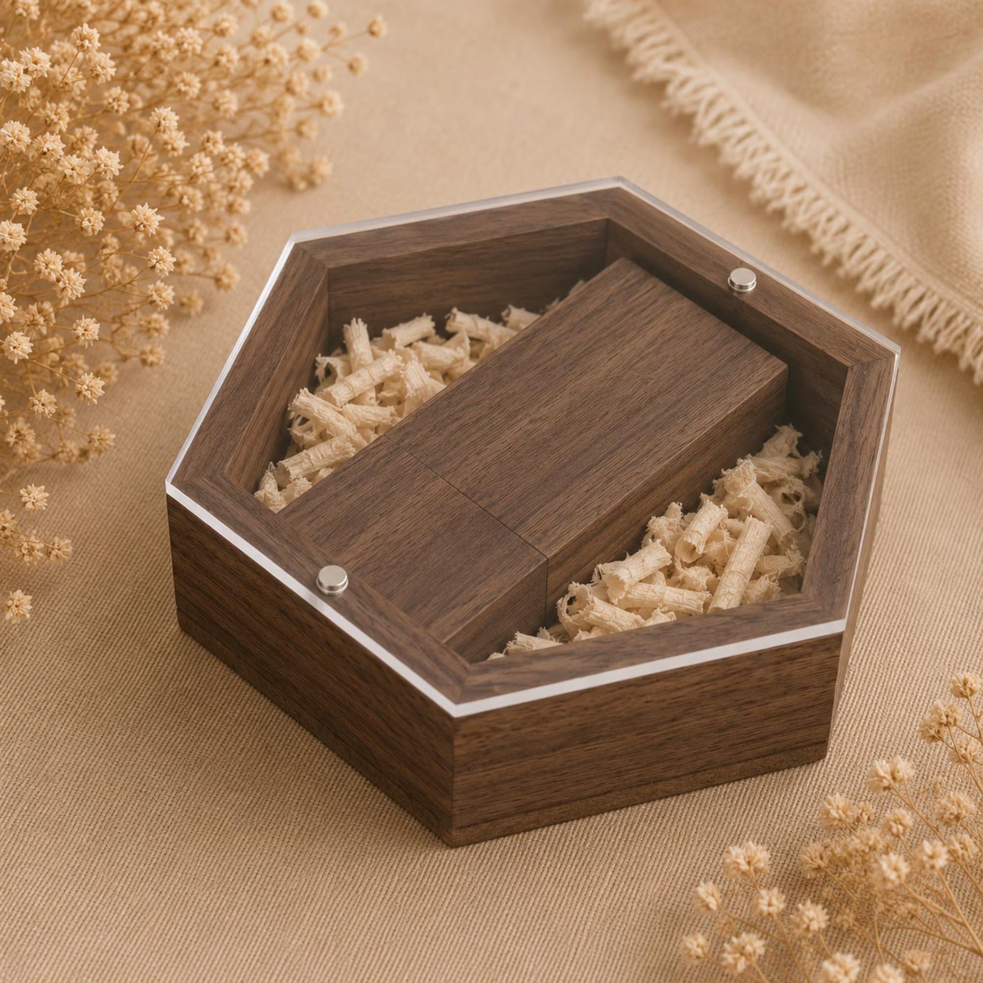 Personalised Wooden USB Hexagon Box with Engraved Acrylic Lid