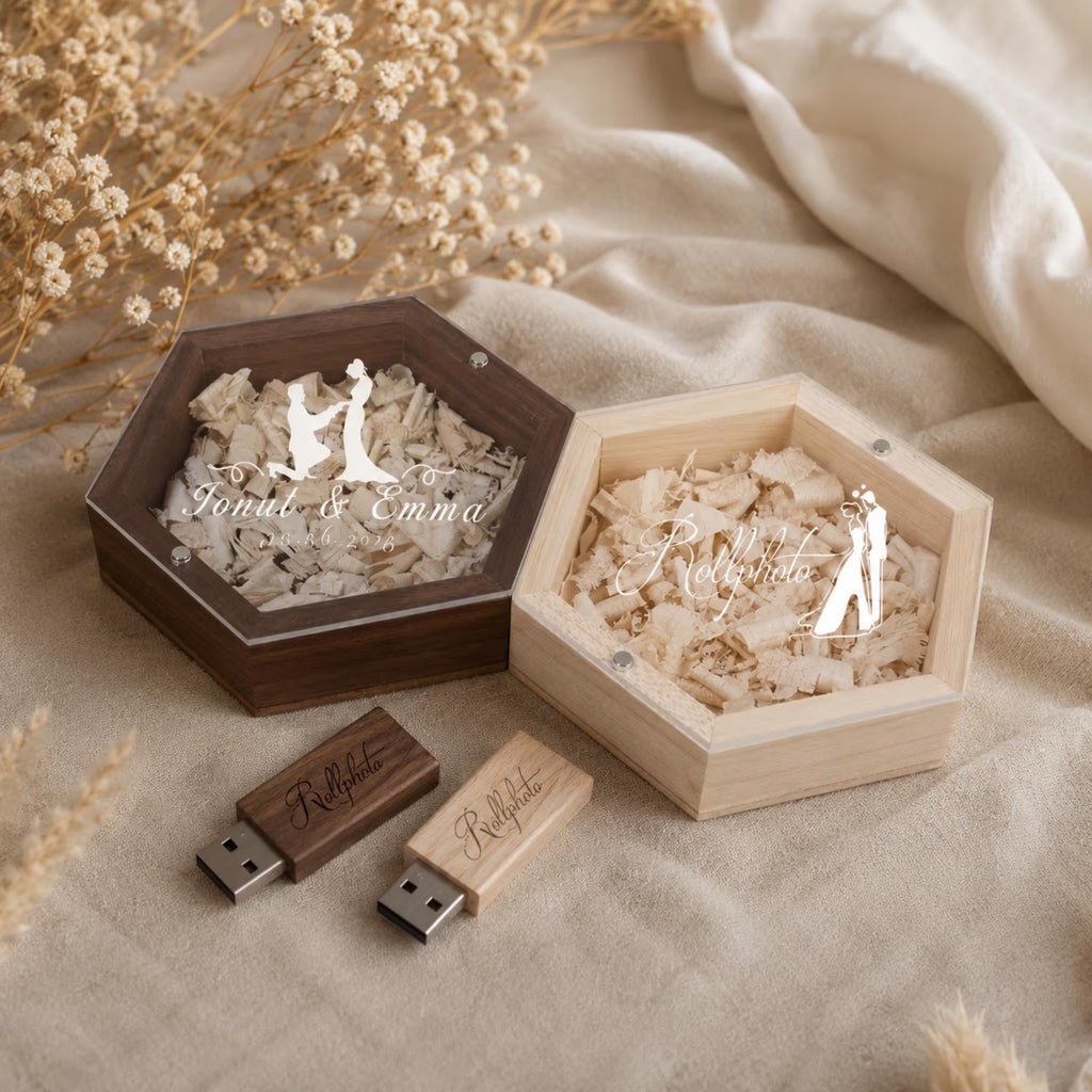 Personalised Wooden USB Hexagon Box with Engraved Acrylic Lid