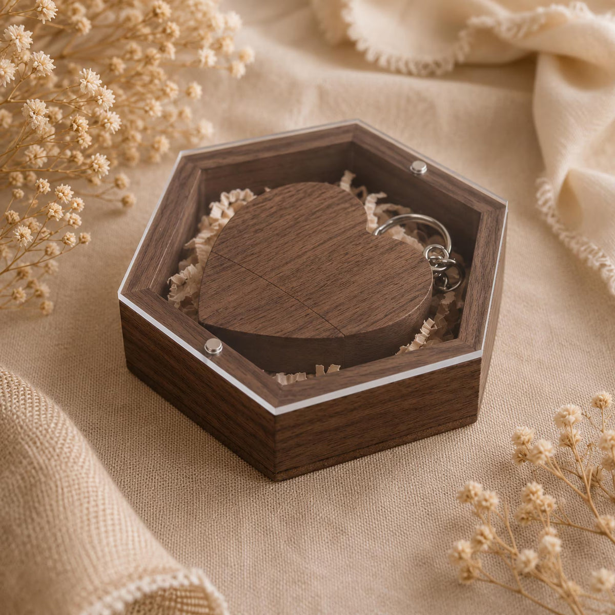 Personalised Wooden USB Hexagon Box with Engraved Acrylic Lid