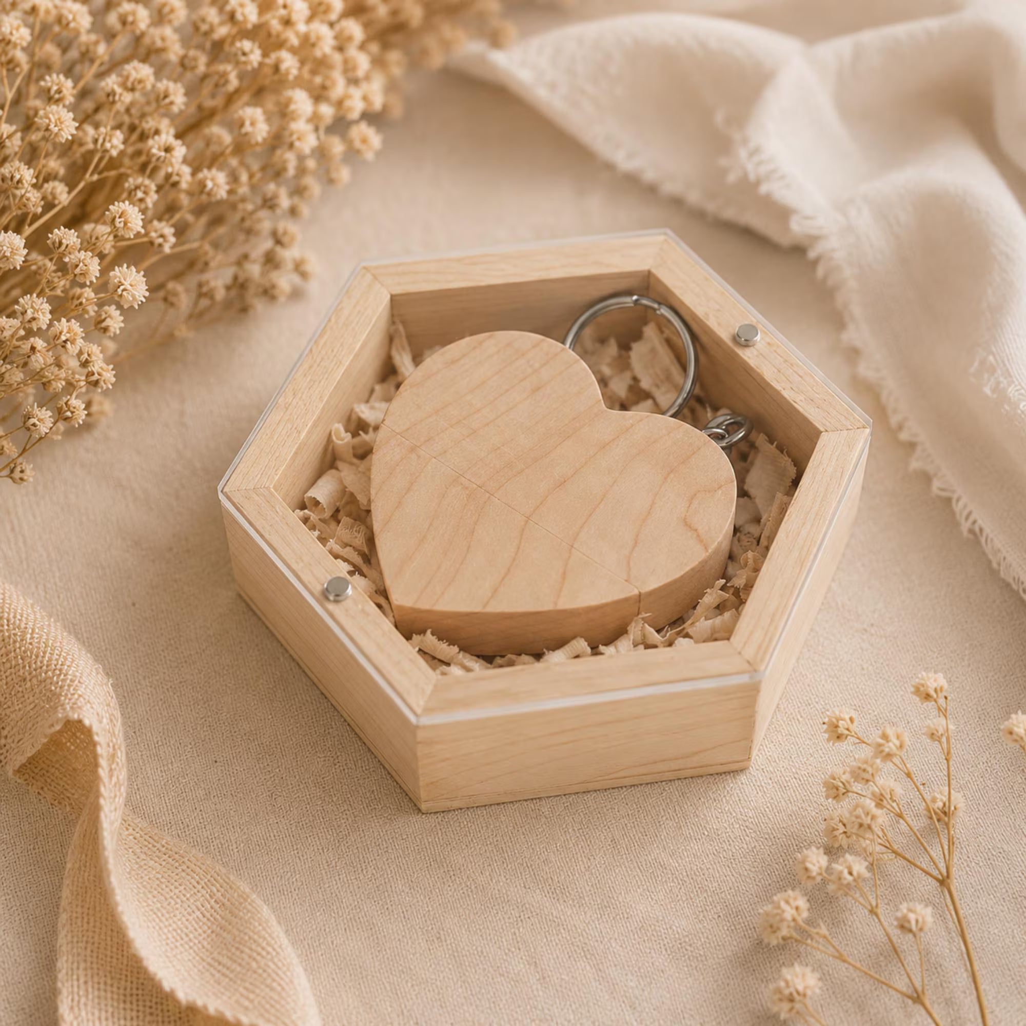 Personalised Wooden USB Hexagon Box with Engraved Acrylic Lid