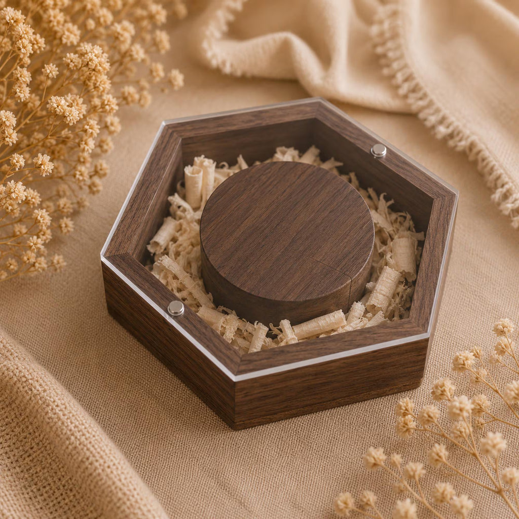 Personalised Wooden USB Hexagon Box with Engraved Acrylic Lid