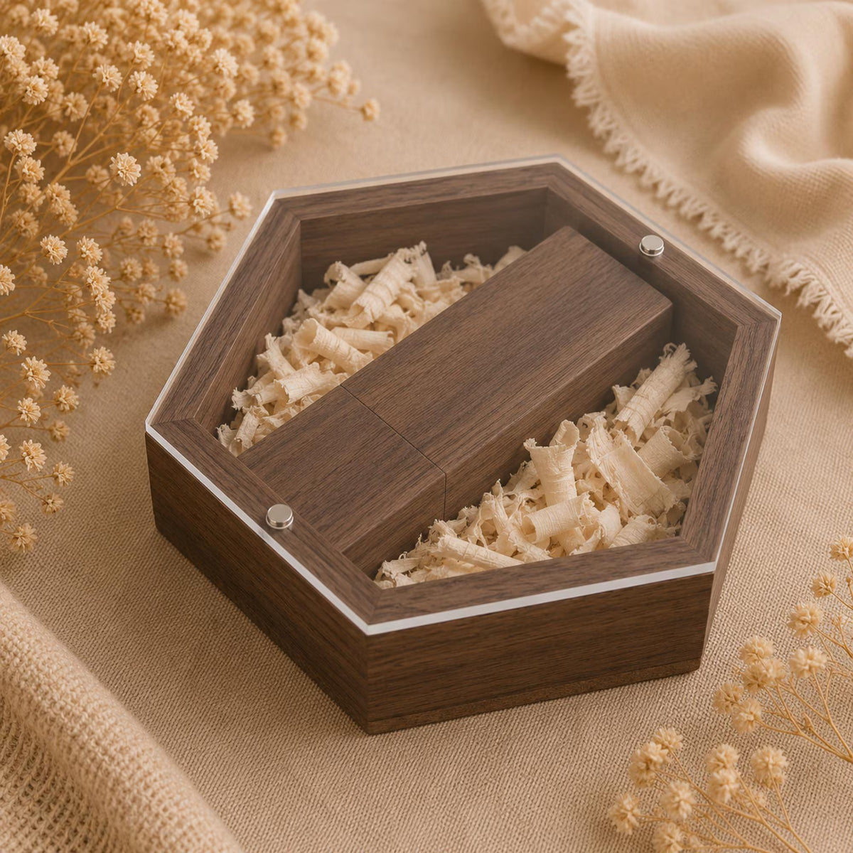Personalised Wooden USB Hexagon Box with Engraved Acrylic Lid