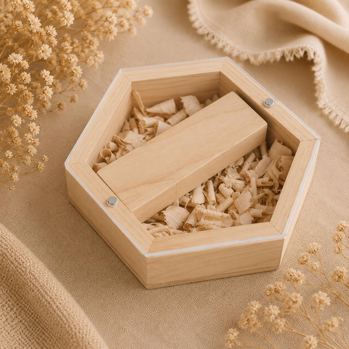 Personalised Wooden USB Hexagon Box with Engraved Acrylic Lid