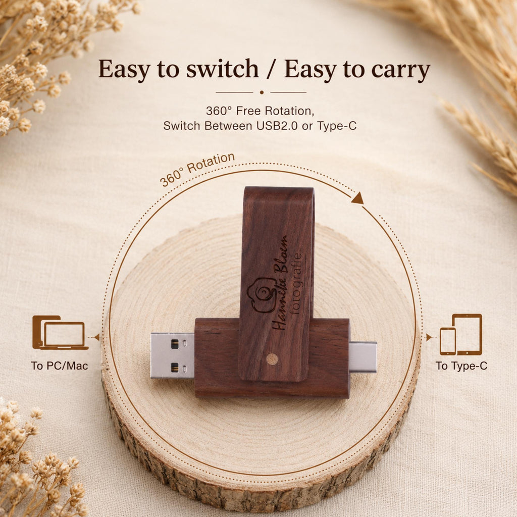 Personalised Wooden Dual USB 3.0 Stick USB-C & USB-A