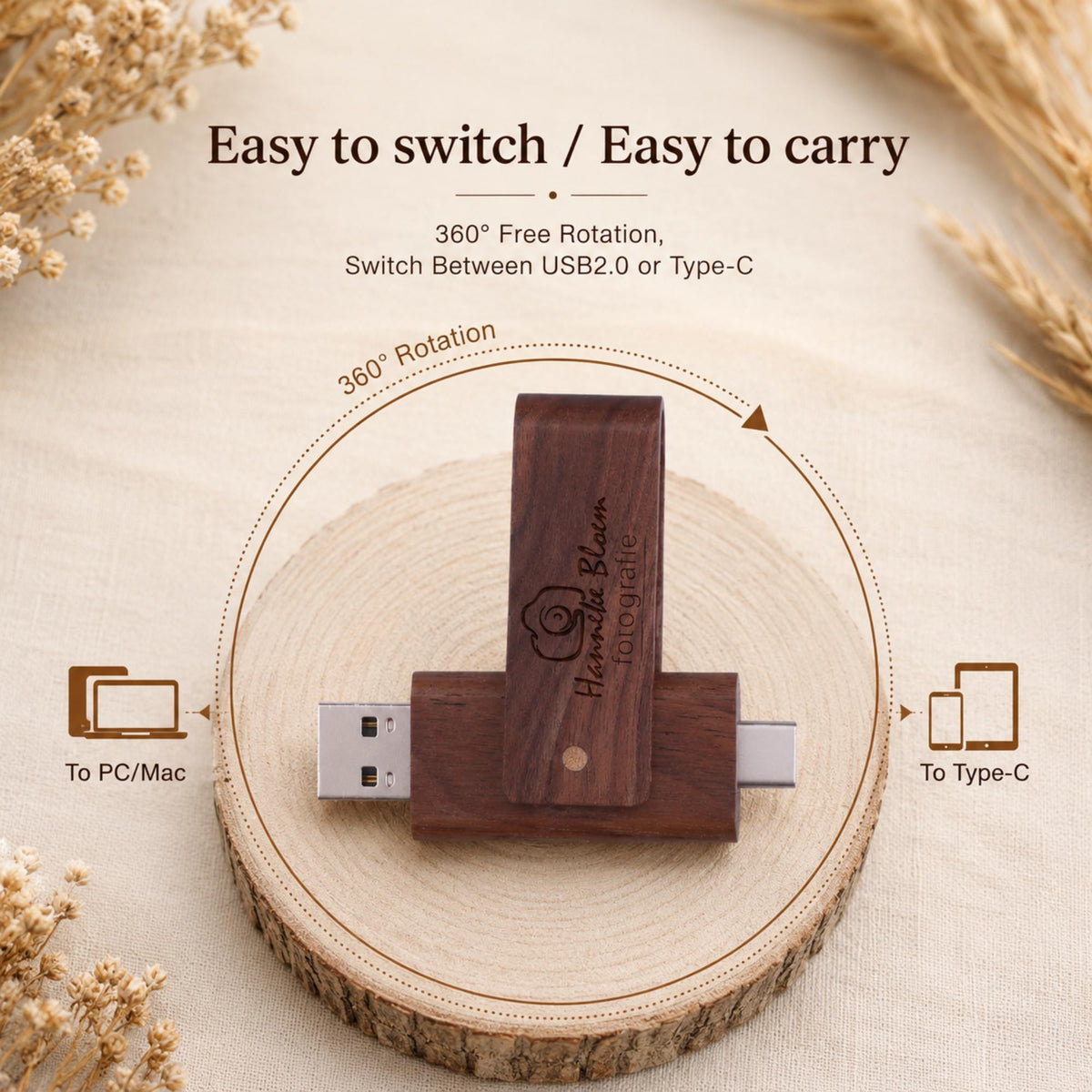 Personalised Wooden Dual USB 3.0 Stick USB-C & USB-A